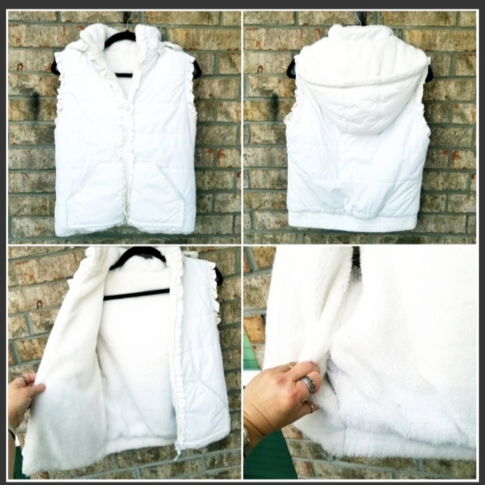 Jonathan Stone Girls WHITE full-zip Reversible Plush hooded VEST (size Lg 14/16)